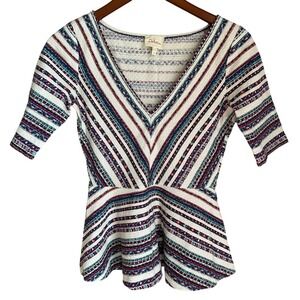 Anthropologie Deletta Chevron Striped Shirt Peplum V-Neck Half Sleeve Women's S